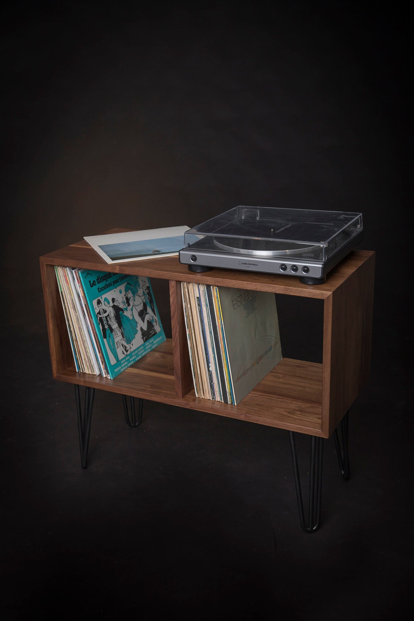 Vinyl Record Console, Turntable Stand, Solid Walnut Wood Storage on Hairpin Legs, Record Player Table, Mid-Century Modern