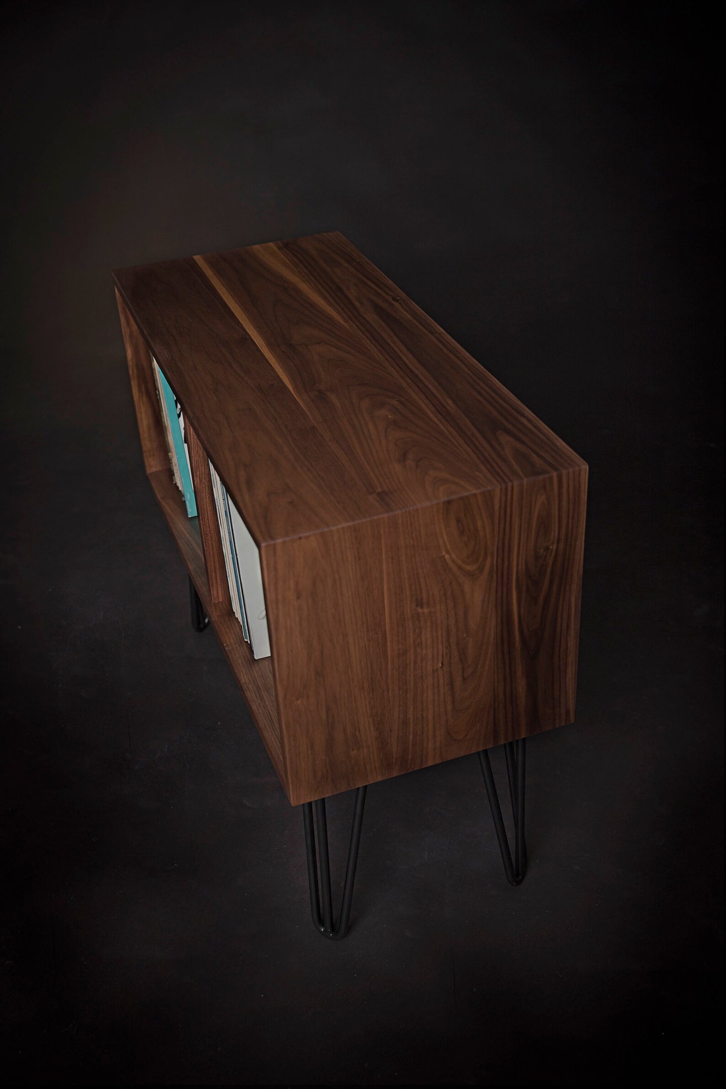 Vinyl Record Console, Turntable Stand, Solid Walnut Wood Storage on Hairpin Legs, Record Player Table, Mid-Century Modern