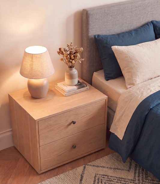 Minimalist Solid White Oak Bedside Table / Nightstand with 2 Drawers