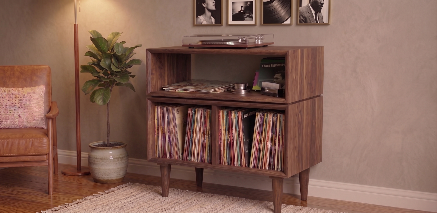 Solid Black Walnut Vinyl Record Console, Turntable Stand, Storage Record Player Table, Media Center, Mid-Century Modern