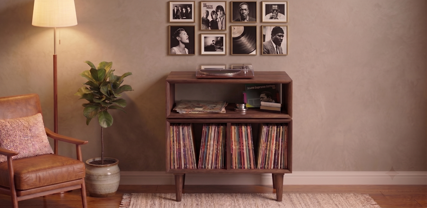 Solid Black Walnut Vinyl Record Console, Turntable Stand, Storage Record Player Table, Media Center, Mid-Century Modern