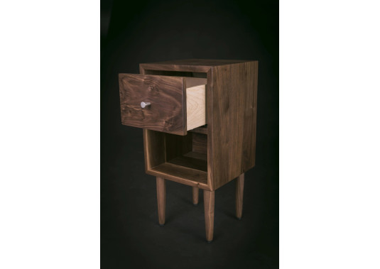 Compact Mid Century Solid Black Walnut Nightstand With Open Shelf And Drawer