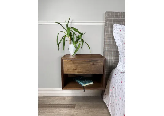 Floating Nightstand In Solid Black Walnut Wood With Drawer And Open Shelf