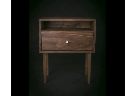 Mid century Solid Black Walnut Nightstand with Open Shelf and Drawer, Straight Legs