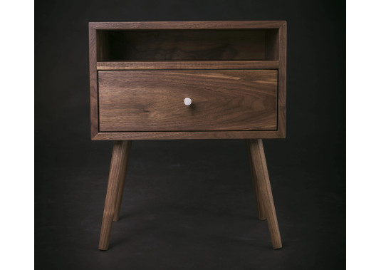 Mid century Solid Black Walnut Nightstand with Open Shelf and Drawer