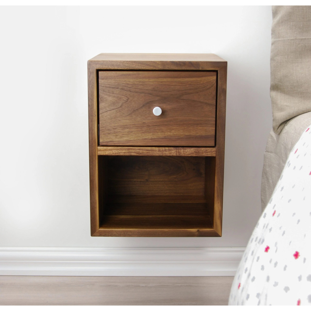 Solid Walnut Wood Floating Nightstand With Drawer And Open Shelf ...